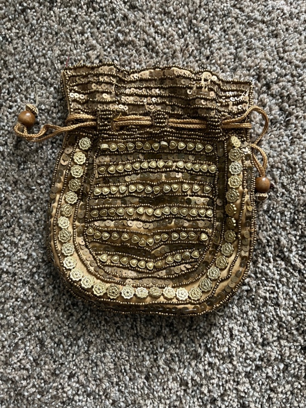 Gold Beaded Drawstring Evening Pouch